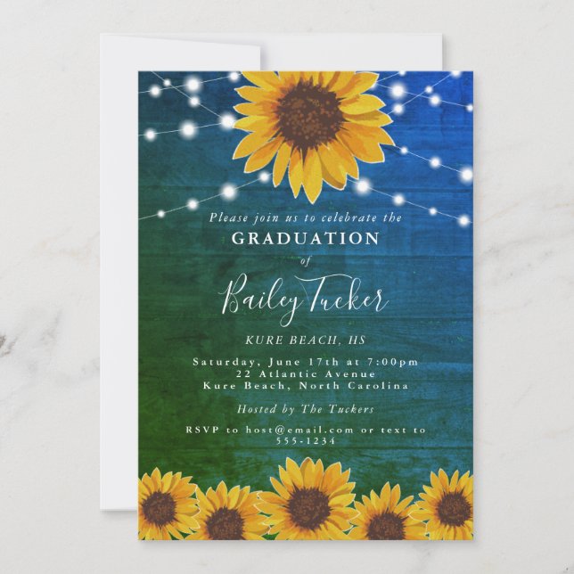 Invitación El girasol ruso ilumina la graduación verde azul (Anverso)