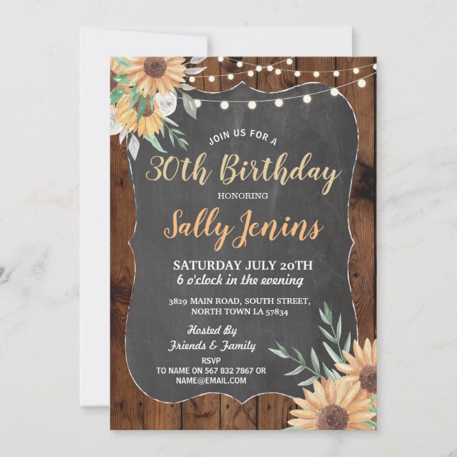 Invitación El girasol rústico de la fiesta de cumpleaños (Anverso)