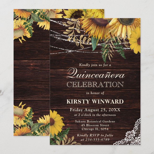 Invitación El girasol y las cadenas rusas iluminan Quinceaner (Anverso / Reverso)