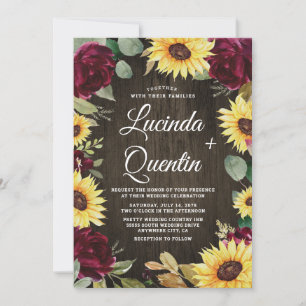 Invitación El girasol y las rosas rojas Rústico Boda de mader