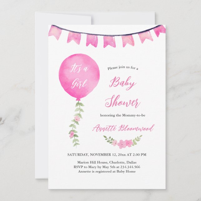 Invitación El globo acuático rosa es un Baby Shower Chica (Anverso)