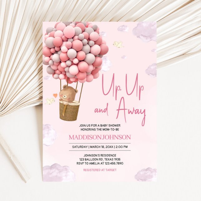 Invitación El globo aerostático rosa hacia arriba y lejos de  (Up and Away Hot Air Balloon Baby Shower Invitation
)