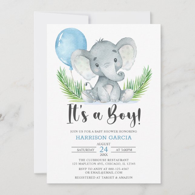 Invitación El globo azul es un Baby Shower de niño lindo elef (Anverso)