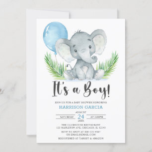 Invitación El globo azul es un Baby Shower de niño lindo elef