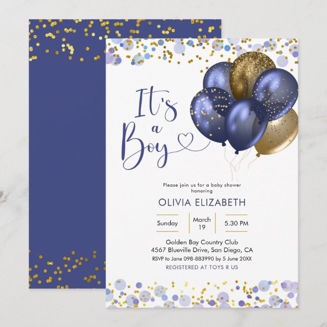 Invitación El globo azul marino es un niño Baby Shower (Anverso / Reverso)