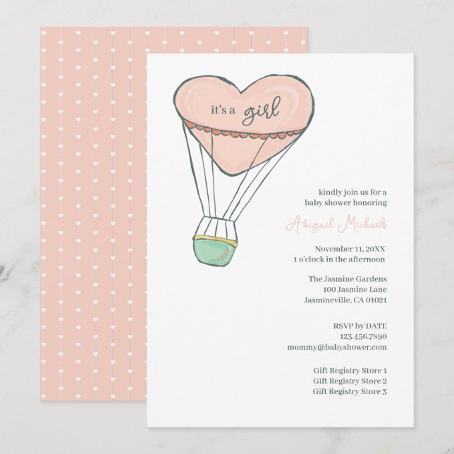 Invitación El globo de aire caliente rosa lindo es un Baby Sh (Anverso / Reverso)