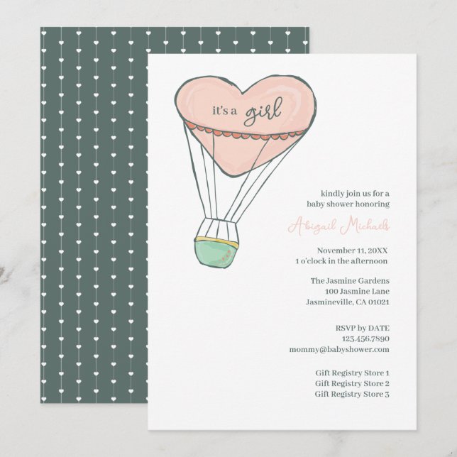 Invitación El globo de aire caliente rosa lindo es un Baby Sh (Anverso / Reverso)