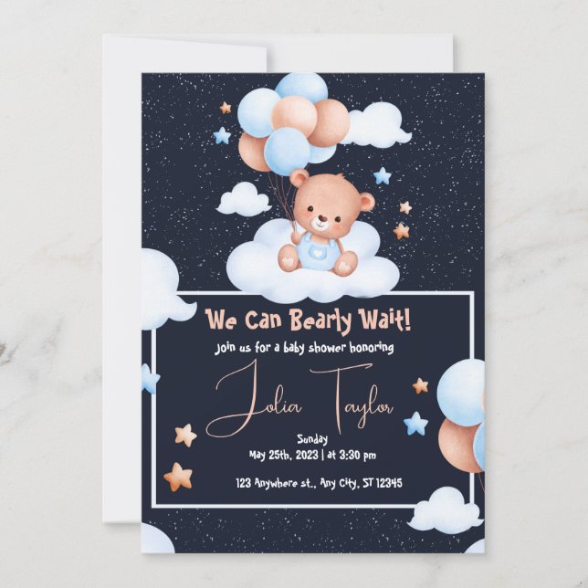 Invitación El globo de Oso Teddy Bear Bearly Wait Baby Shower (Anverso)