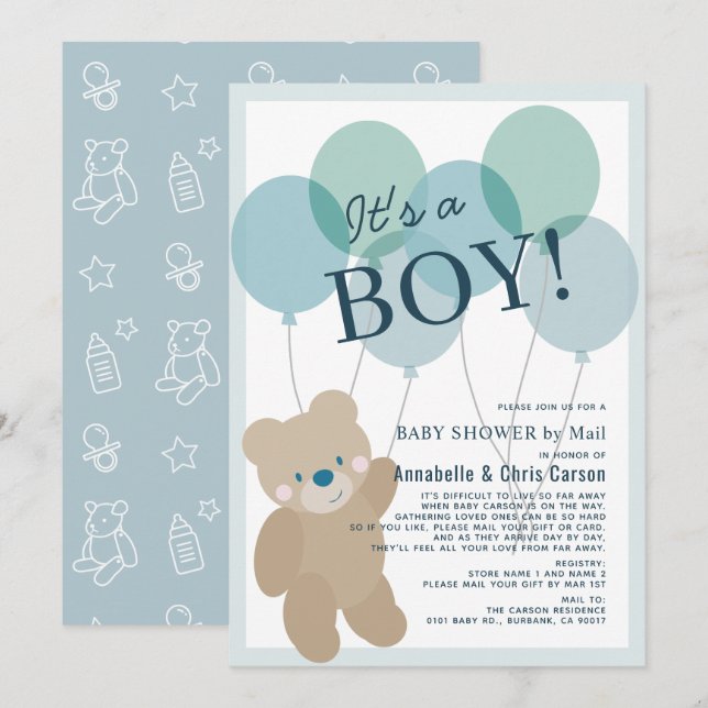 Invitación El globo de Oso Teddy Bear Blue Boy Baby Shower po (Anverso / Reverso)