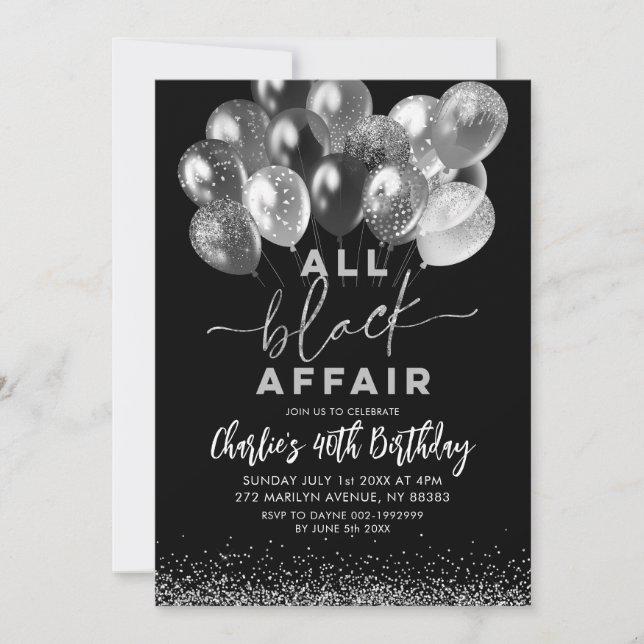 Invitación El globo negro plateado todo el cumpleaños del asu (Anverso)
