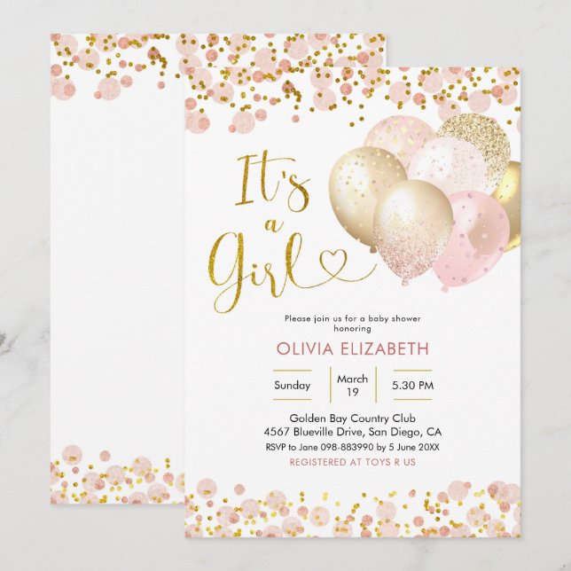 Invitación El globo rosa de Rubor es un Baby Shower Chica (Anverso / Reverso)