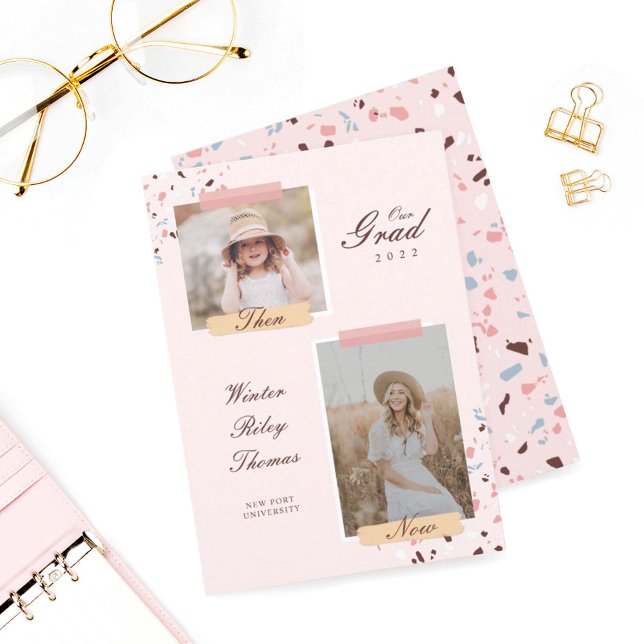 Invitación El Grad Entonces Y Ahora 2 Foto Graduada Terrazzo (Subido por el creador)