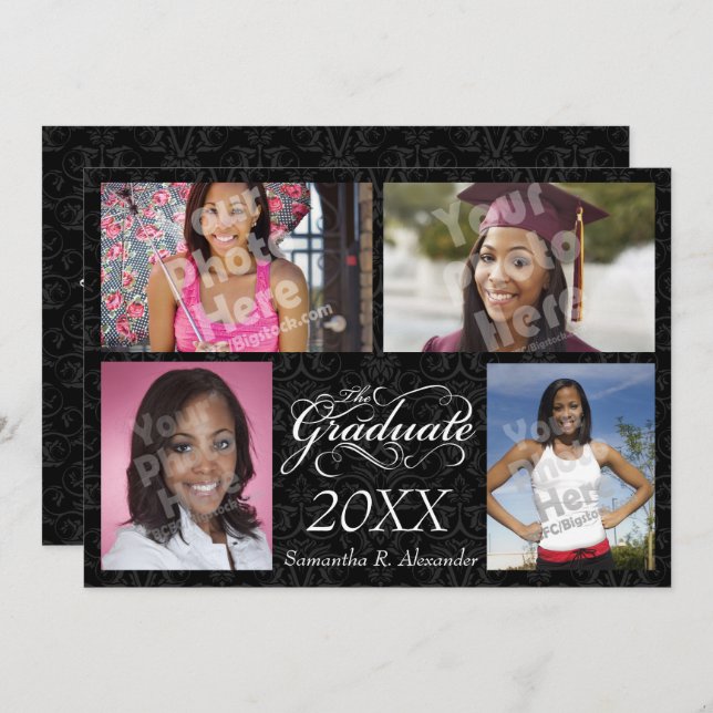 Invitación El graduado, elegante negro (Anverso / Reverso)