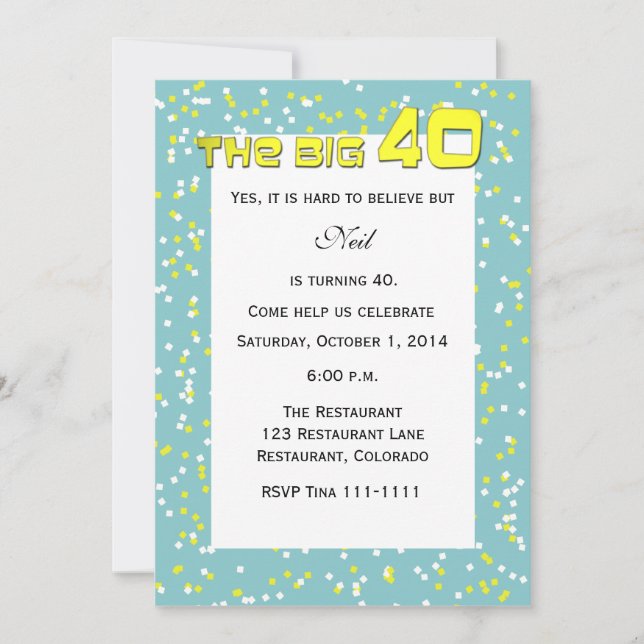 Invitación "EL GRAN 40" 40° cumpleaños (Anverso)