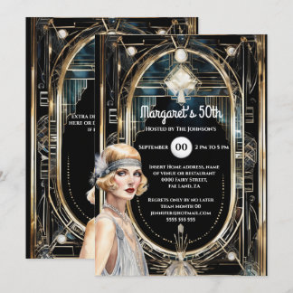 Invitación El Gran Gatsby de oro negro de los años 20