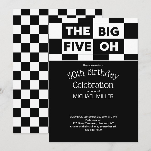 Invitación El gran patrón de cinco cuadros negros y blancos (Anverso / Reverso)