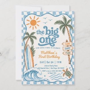 Invitación El Grande Uno Cumpleaños Azul de Rayas Surfista 1e