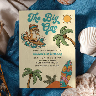 Invitación El Grande Uno Gato Surfista Retro Verano Cumpleaño