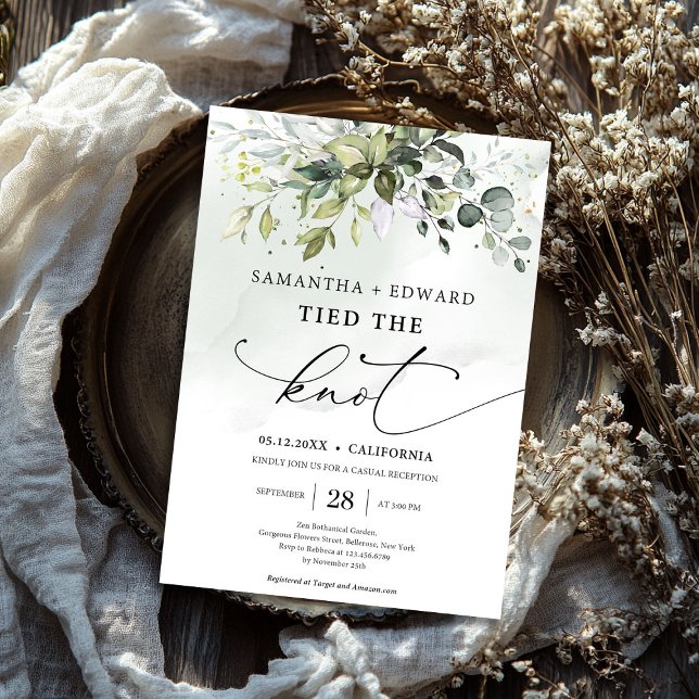 Invitación El guión moderno ató el elopamiento de la vegetaci (Modern script tied the knot greenery elopement)