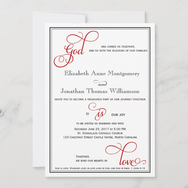 Invitación El guión rojo de Dios es amor Boda cristiano (Anverso)