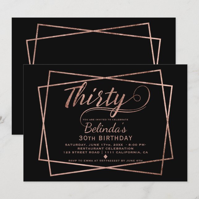 Invitación El guión rosa moderno negro treinta (Anverso / Reverso)