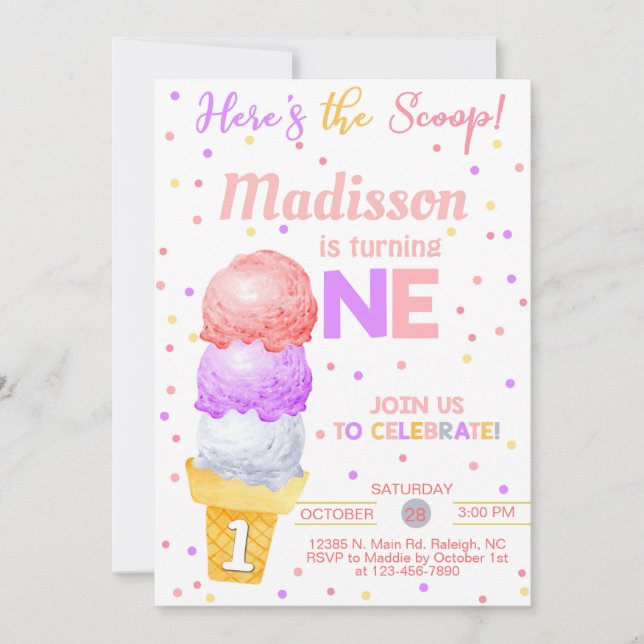 Invitación El helado aquí es el primer cumpleaños del chica d (Anverso)