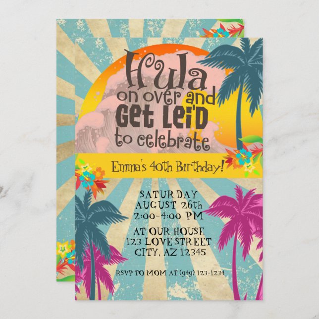 Invitación El Hula Tropical Retro Luau en Hawái en cumpleaños (Anverso / Reverso)