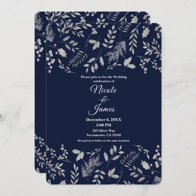 Invitación El invierno azul y plata deja al Boda botánico (Anverso / Reverso)