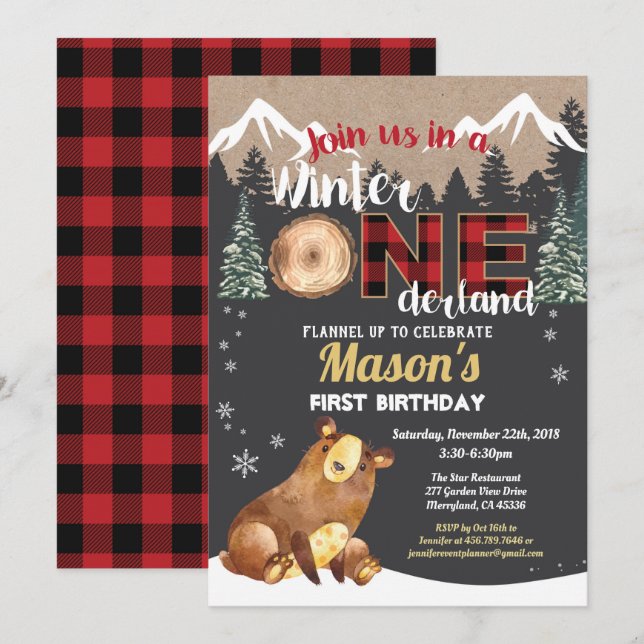 Invitación El invierno de primer cumpleaños onederland flanne (Anverso / Reverso)
