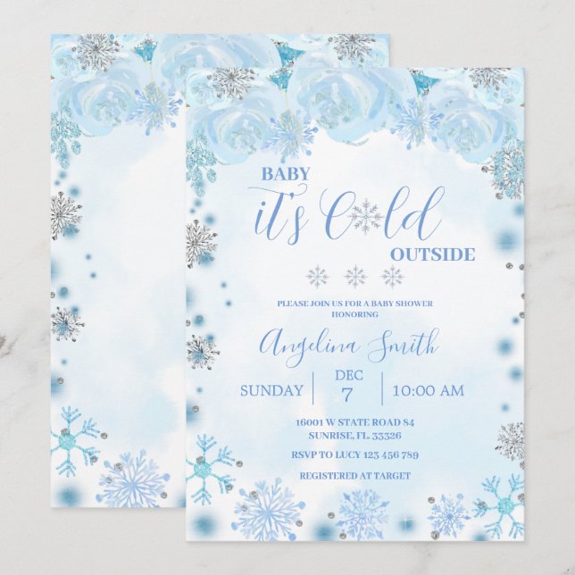 Invitación El invierno frío fuera del Baby Shower Blue Snowfl (Anverso / Reverso)
