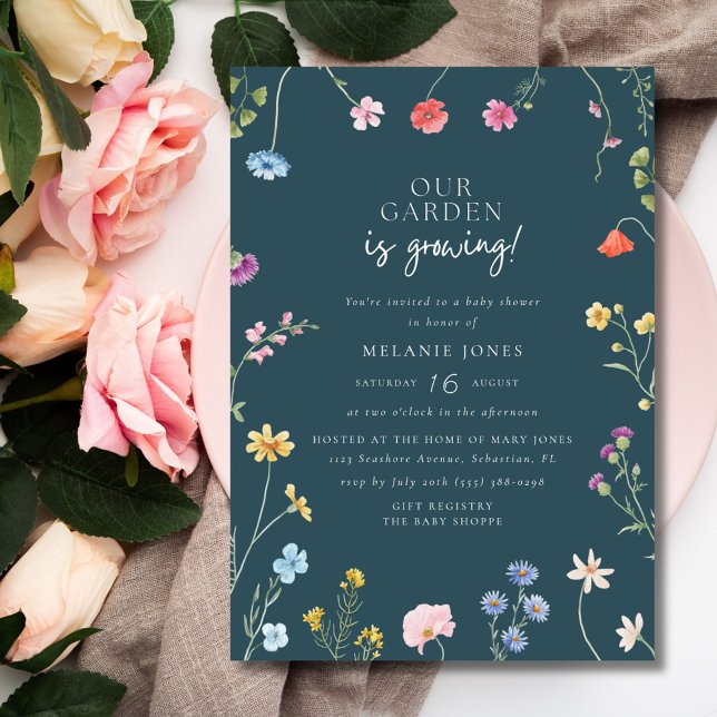 Invitación El jardín está creciendo Baby Shower de Flor Silve (Garden is Growing Wildflower Baby Shower Invitation)