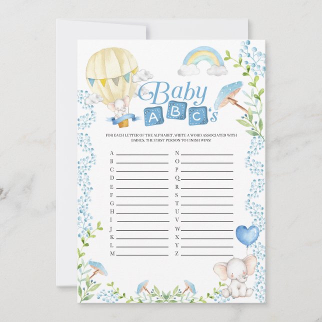 Invitación El juego de Baby Shower ABC del Elephant Hot Air B (Anverso)