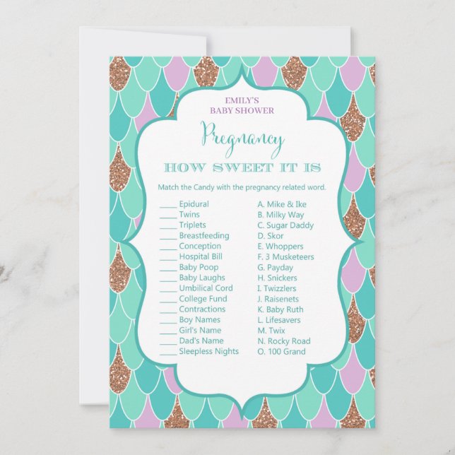 Invitación El juego de Baby Shower Mermaid nos contestamos (Anverso)