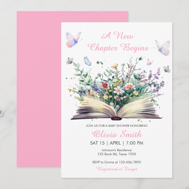 Invitación El libro de cuentos Floral Pink A New Chapter Baby (Anverso / Reverso)