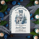Invitación El líder de nuestra fiesta de cumpleaños número 90<br><div class="desc">"El Líder de nuestro Paquete cumple 90 años",  90 años para tu Alpha favorito. Cuenta con una majestuosa silueta de lobo solitario contra un bosque evergreen.</div>