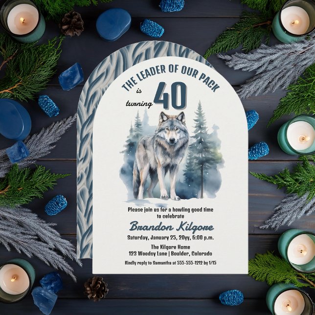Invitación El líder de nuestro grupo Lobo 40 Fiesta de cumple ("The Leader of Our Pack is Turning 40" 40th Birthday Arched Invitation)