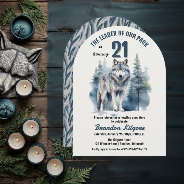 Invitación El líder de nuestro paquete Lobo 21 Fiesta de cump ("The Leader of Our Pack is Turning 21" 21st Birthday Arched Invitation)