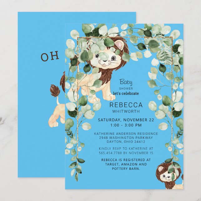 Invitación El Lion Baby Shower Foliage Blue En Persona (Anverso / Reverso)