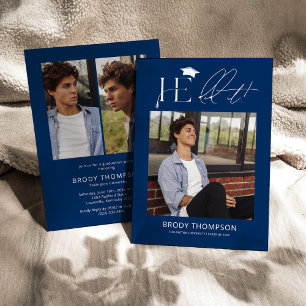 Invitación Él lo hizo Azul y Blanco 3 Fiesta de Graduación de