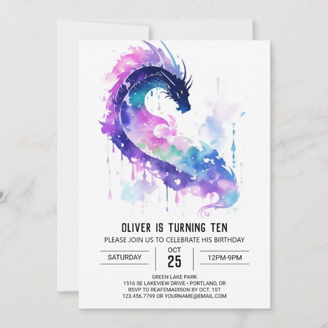 Invitación El majestuoso cumpleaños de Watercolor Dragon (Anverso)