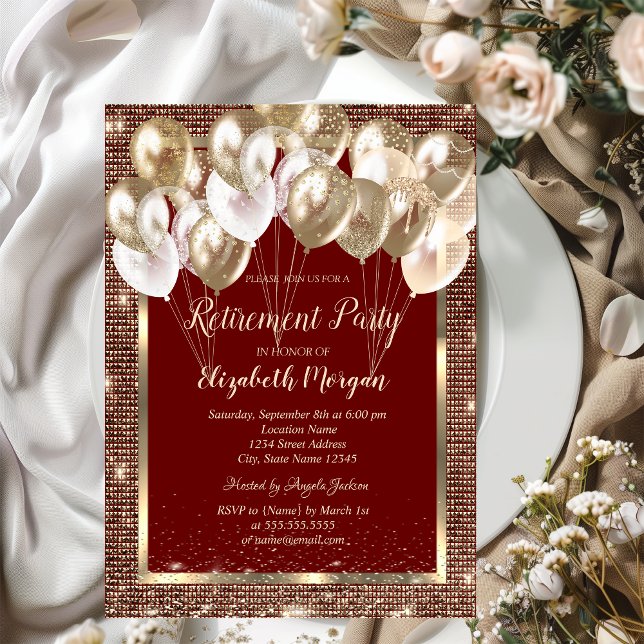 Invitación El marco dorado secuela globos de retiro rojo (Subido por el creador)