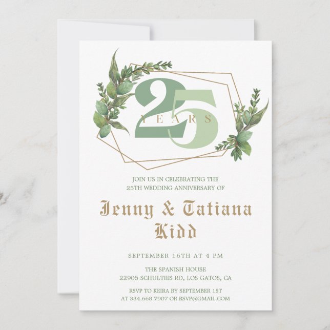 Invitación El marco dorado verde 25° aniversario Boda (Anverso)