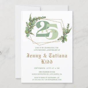 Invitación El marco dorado verde 25° aniversario Boda