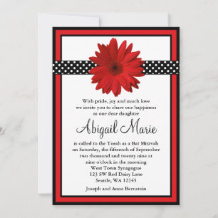 Invitación El margarita roja y los puntos de polka negro golp