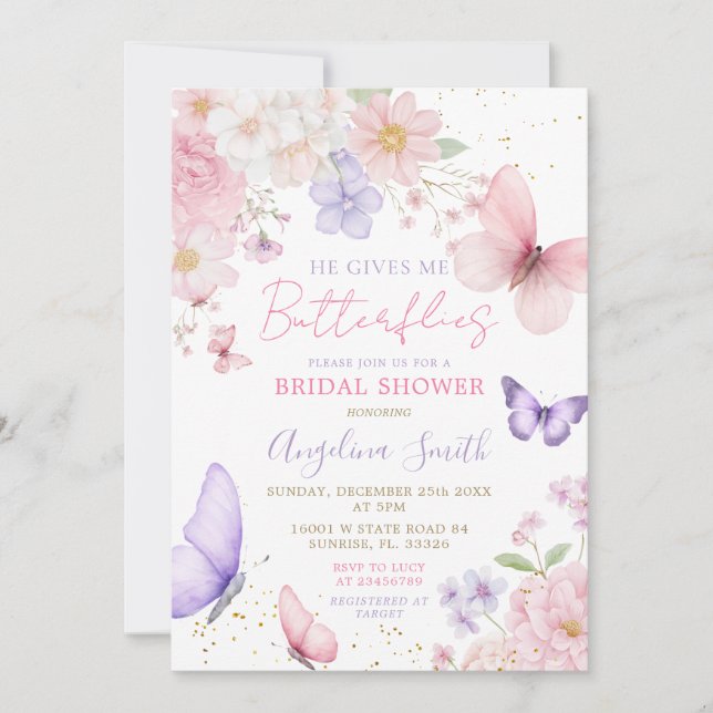 Invitación Él Me Da Mariposas Floral Despedida de Soltera (Anverso)