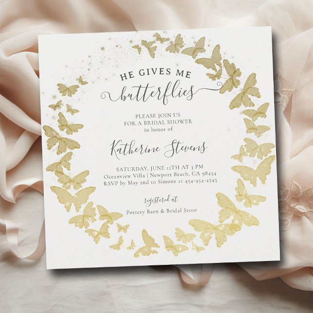 Invitación Él Me Da Mariposas Modernas Ducha Nodal De Oro (he gives me butterflies bridal shower invitation gold foil butterfly garden whimsical elegant modern)