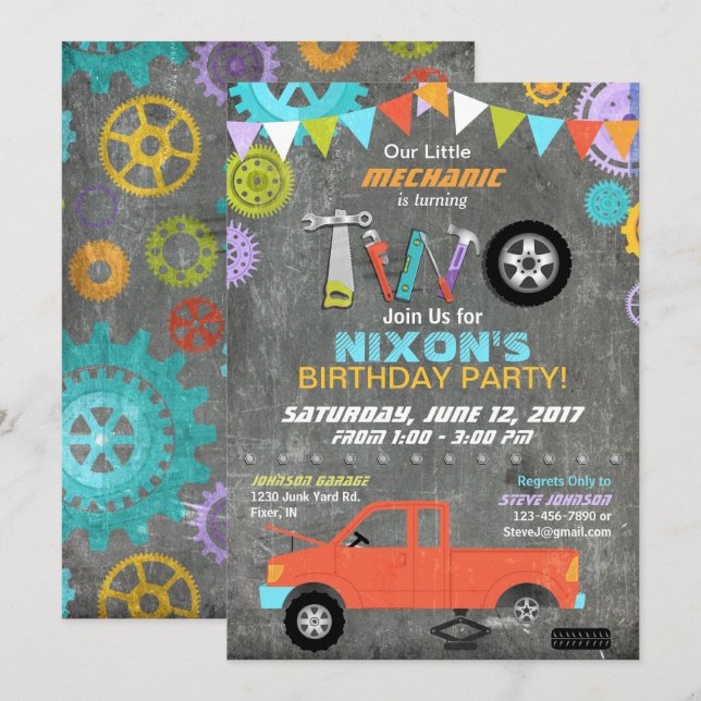 Invitación El mecánico de coche adapta cumpleaños de la (Anverso / Reverso)