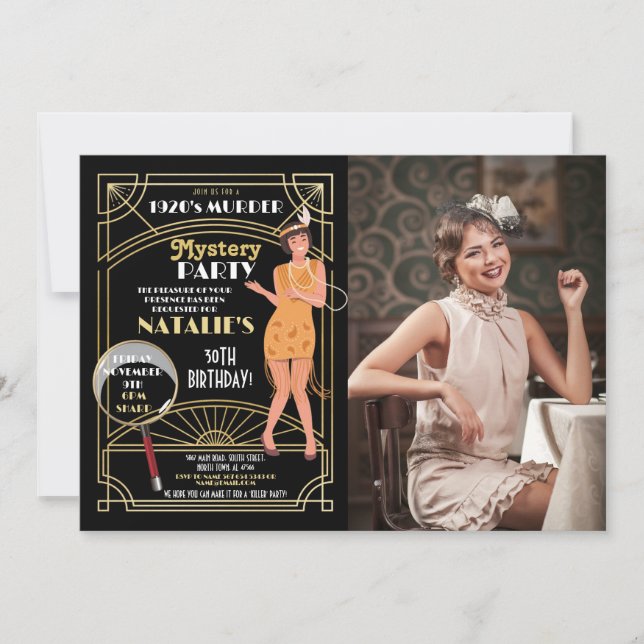 Invitación El misterio del asesinato de 1920 Fiesta de foto d (Anverso)