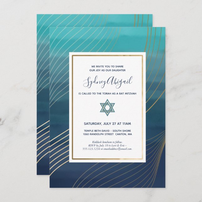 Invitación El moderno Blue and Gold Bat Mitzvah o Bar Mitzvah (Anverso / Reverso)