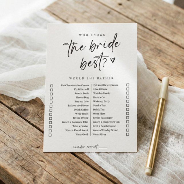 Invitación El moderno juego Casual Bridal Shower Preferiría (Would she rather bridal shower game - who knows the bride best? Modern casual handwriting script.)